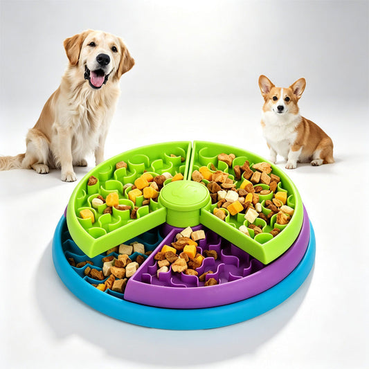 Dog puzzle feeder with rotating layers in green, purple and blue, two dogs waiting to play
