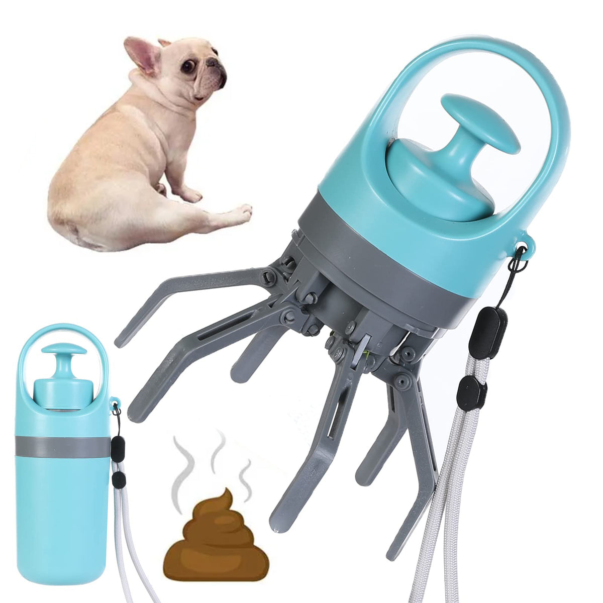 Portable Dog Pooper Scooper with Built-in Poop Bag Dispenser — Eight-Claw Shovel, Lightweight (Blue Gray)