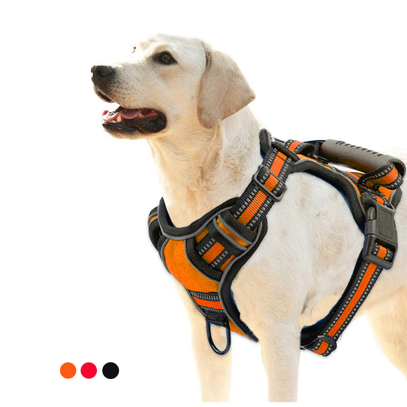 Reflective no-pull dog harness vest — chest view, no-choke design