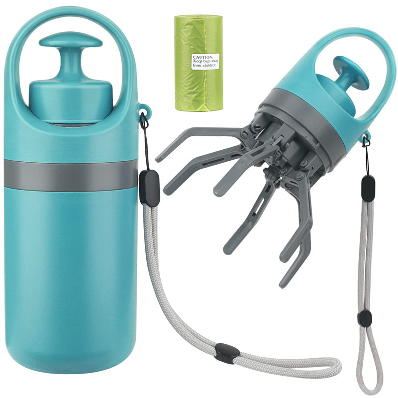 Portable Dog Pooper Scooper with Built-in Poop Bag Dispenser — Eight-Claw Shovel, Lightweight (Blue Gray)
