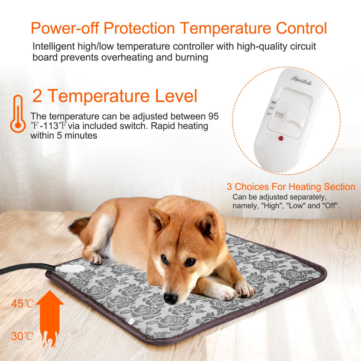 Heated dog pad — chew-resistant steel cord for safety