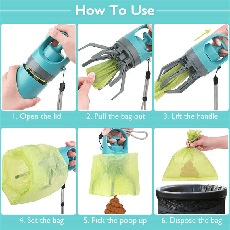 Portable Dog Pooper Scooper with Built-in Poop Bag Dispenser — Eight-Claw Shovel, Lightweight (Blue Gray)
