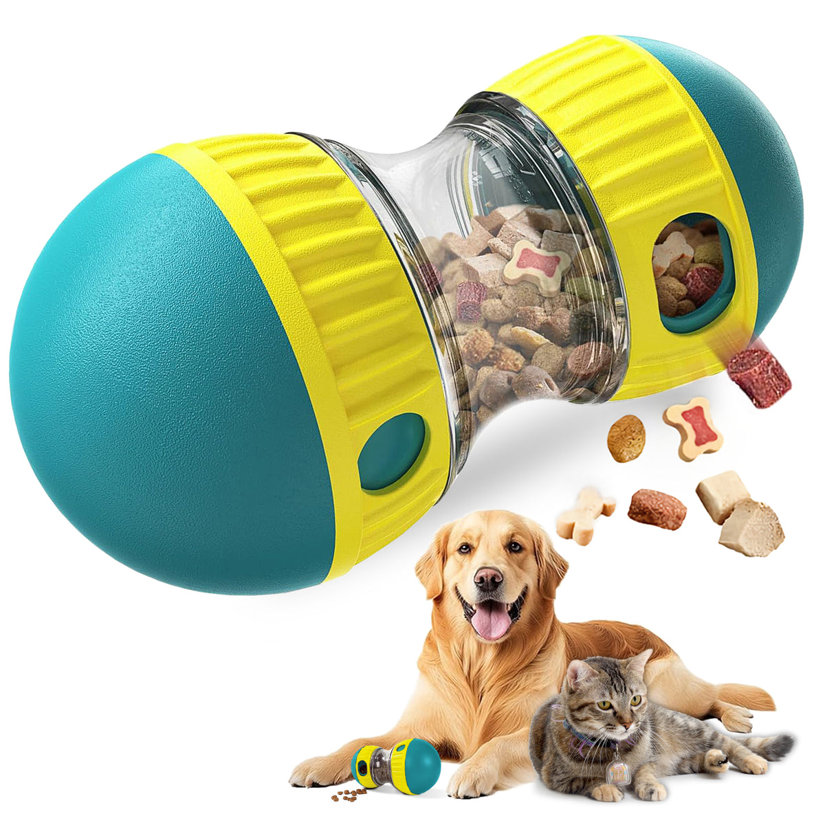 Treat dispensing dog toy in teal and yellow with treats inside, golden retriever playing