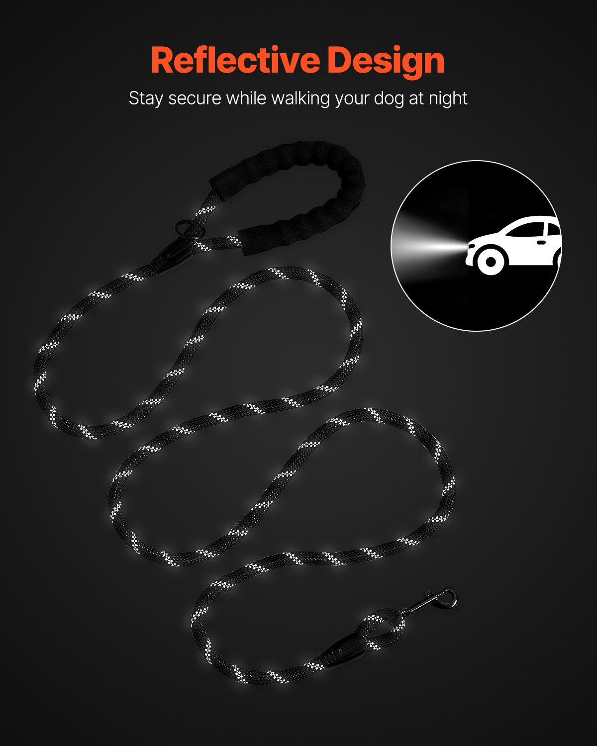 Heavy-Duty Reflective Rope Dog Leash – 6ft Padded Handle for Safe Night Walks